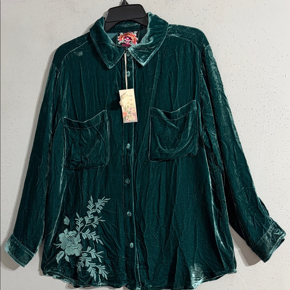 Johnny Was Teal Velvet Button Down Shirt with Floral Embroidery